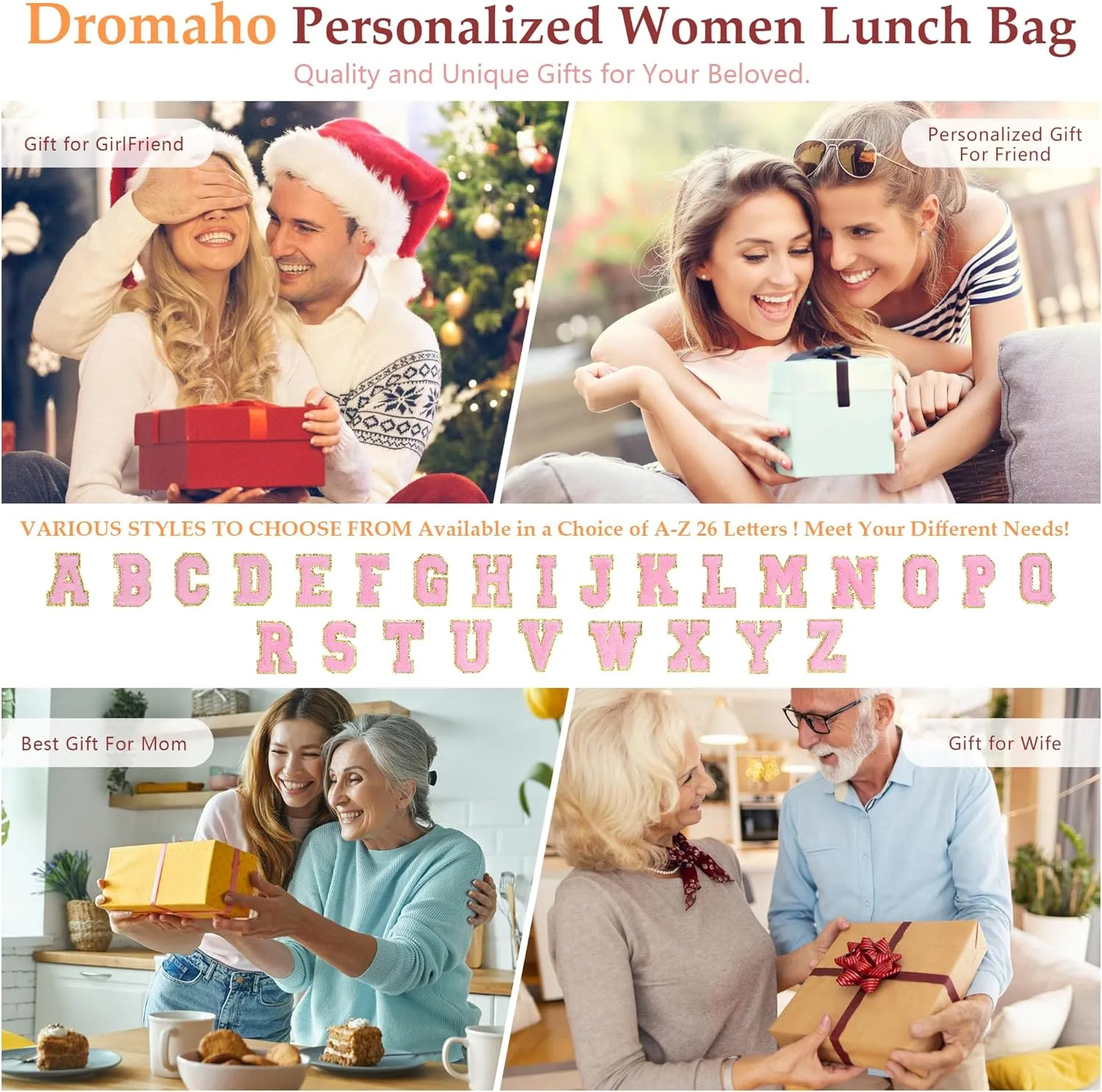 Personalized Lunch Bag for Women, Preppy Reusable Insulated Initials Lunch Box Gift for Friend Large Wide-Open Water Resistant Adult Cooler Tote Bag for Work, Travel, Picnic Grey