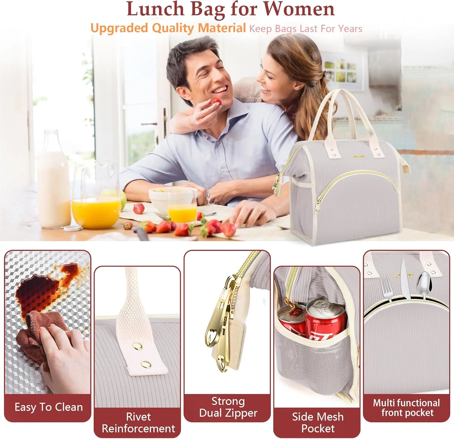 Personalized Lunch Bag for Women, Preppy Reusable Insulated Initials Lunch Box Gift for Friend Large Wide-Open Water Resistant Adult Cooler Tote Bag for Work, Travel, Picnic Grey