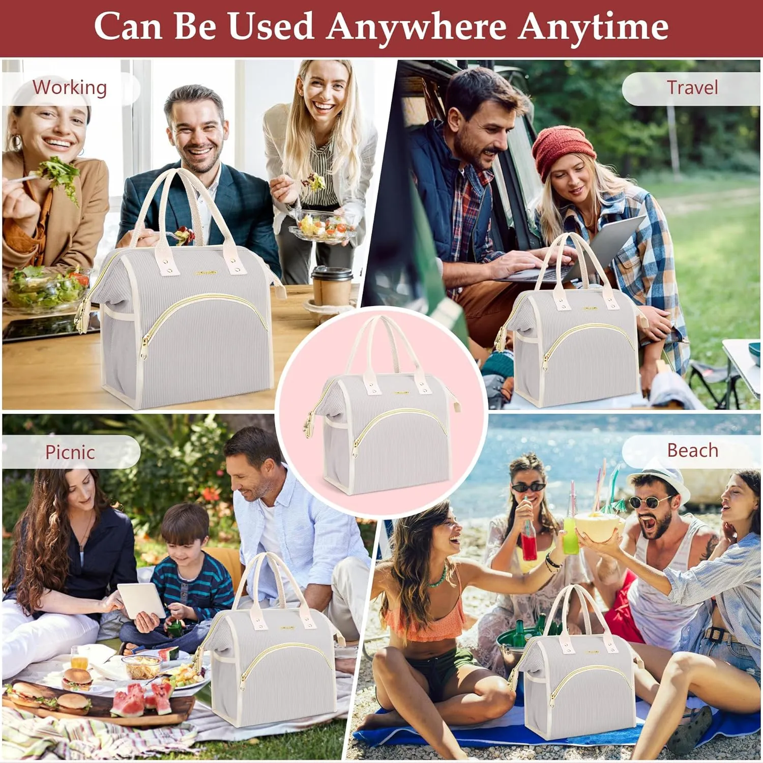 Personalized Lunch Bag for Women, Preppy Reusable Insulated Initials Lunch Box Gift for Friend Large Wide-Open Water Resistant Adult Cooler Tote Bag for Work, Travel, Picnic Grey