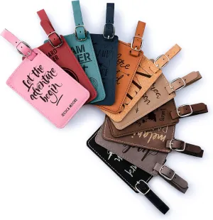Personalized Name Luggage Tags w Strap | 11 Colors - 15 Designs | Engraved Leather Traveler Gifts for Women, Men, Kids. Custom Monogrammed Luggage Tags for Honeymoon - Christmas Gifts for Travelers