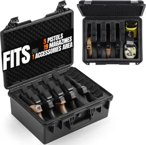 Pistol Case for Multiple Handguns & Magazines, Heavy-Duty Waterproof Hard Shell Travel Gun Case, Firearm Carrying Case Fits Glock, Beretta, S&W, Sig Sauer with Pre-cut Foam