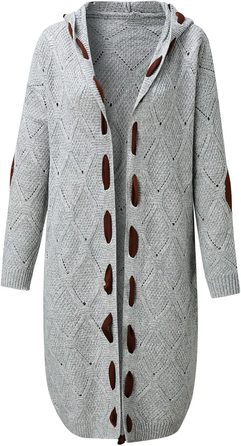 Plus Size Hooded Cardigans for Women Casual Elbow Patches Long Sleeve Cable Knit Long Open Front Cardigan Sweater Coat