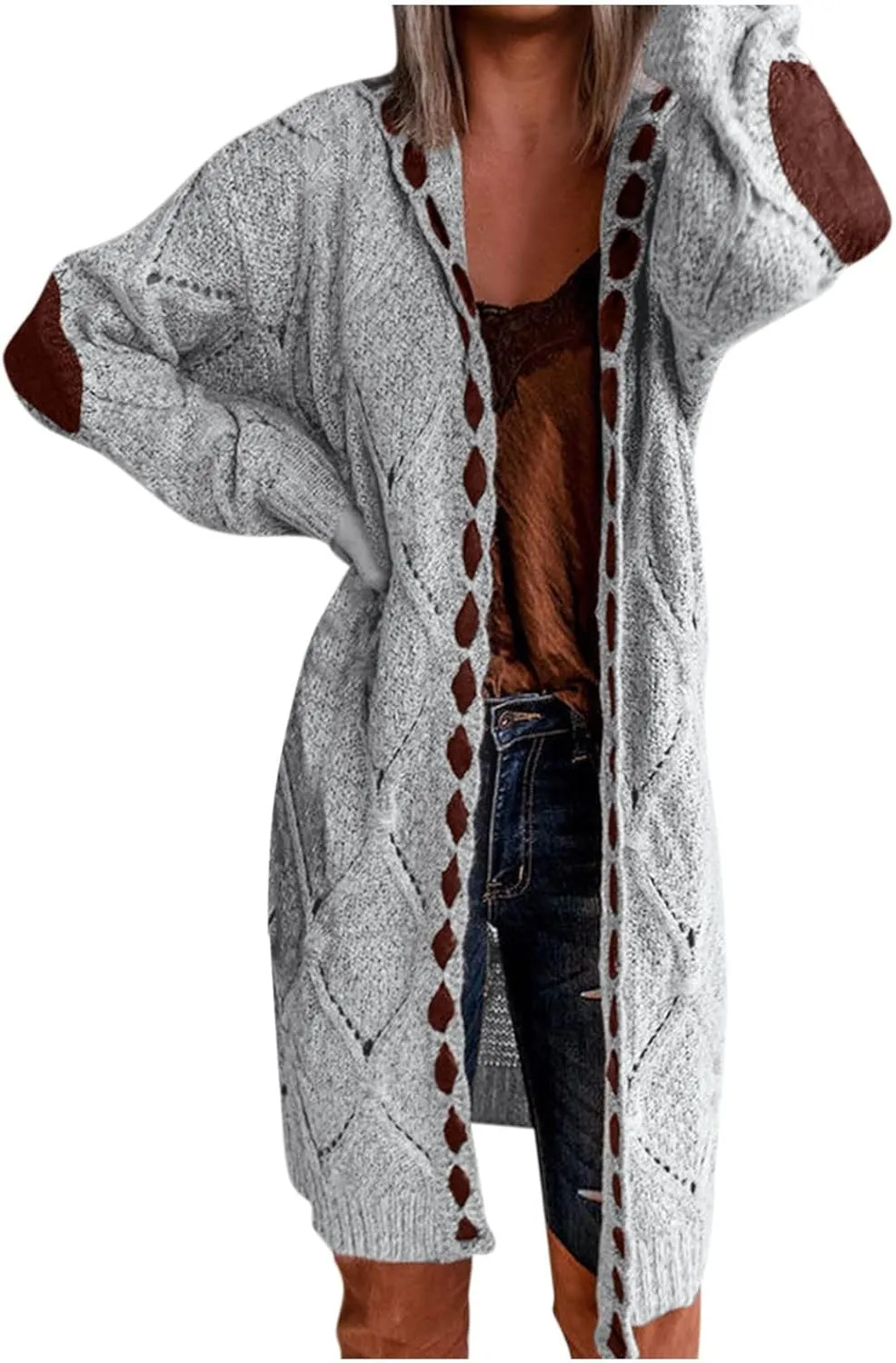 Plus Size Hooded Cardigans for Women Casual Elbow Patches Long Sleeve Cable Knit Long Open Front Cardigan Sweater Coat