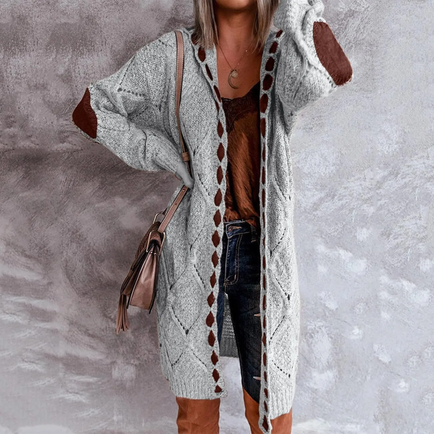 Plus Size Hooded Cardigans for Women Casual Elbow Patches Long Sleeve Cable Knit Long Open Front Cardigan Sweater Coat
