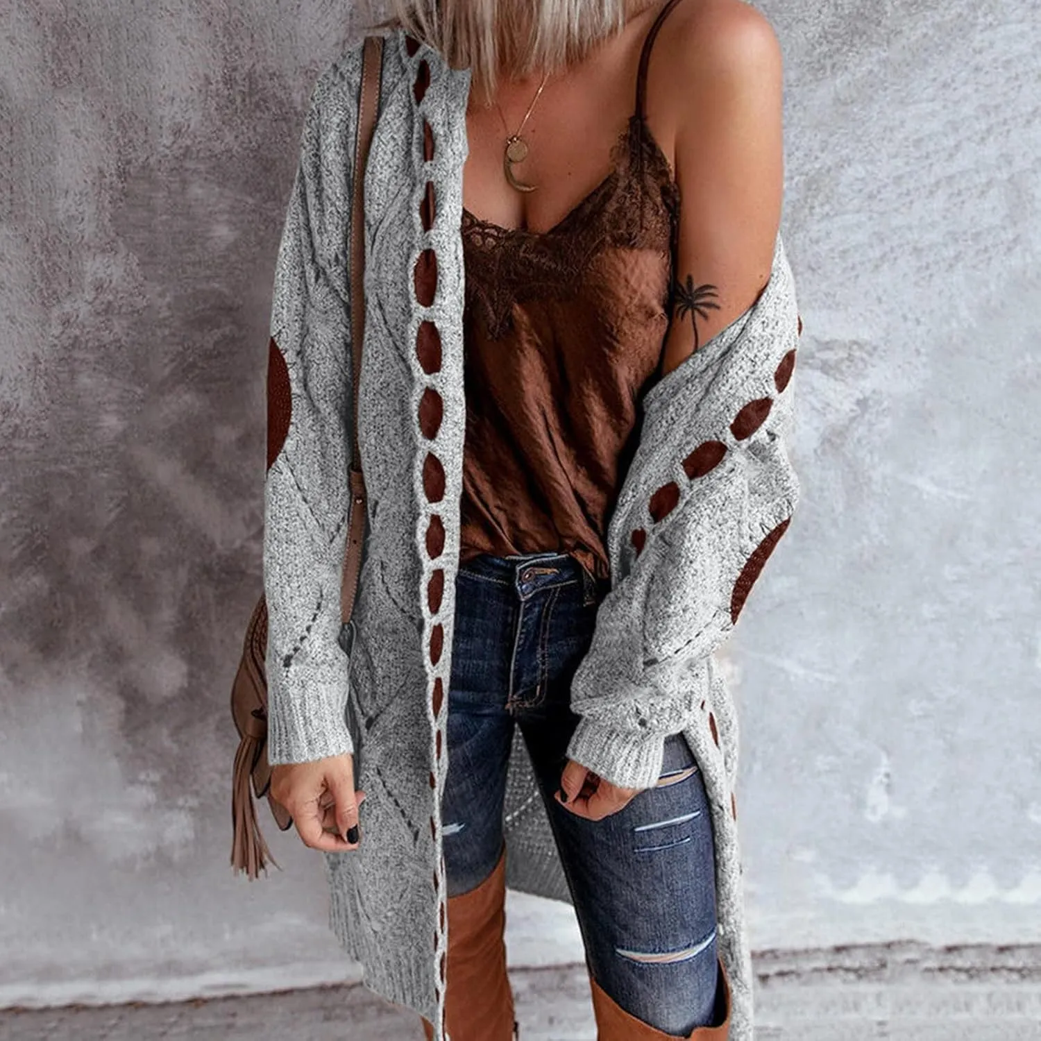 Plus Size Hooded Cardigans for Women Casual Elbow Patches Long Sleeve Cable Knit Long Open Front Cardigan Sweater Coat