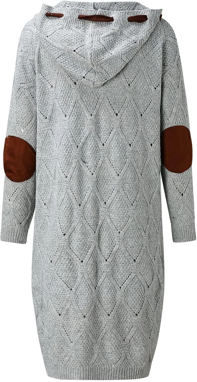 Plus Size Hooded Cardigans for Women Casual Elbow Patches Long Sleeve Cable Knit Long Open Front Cardigan Sweater Coat