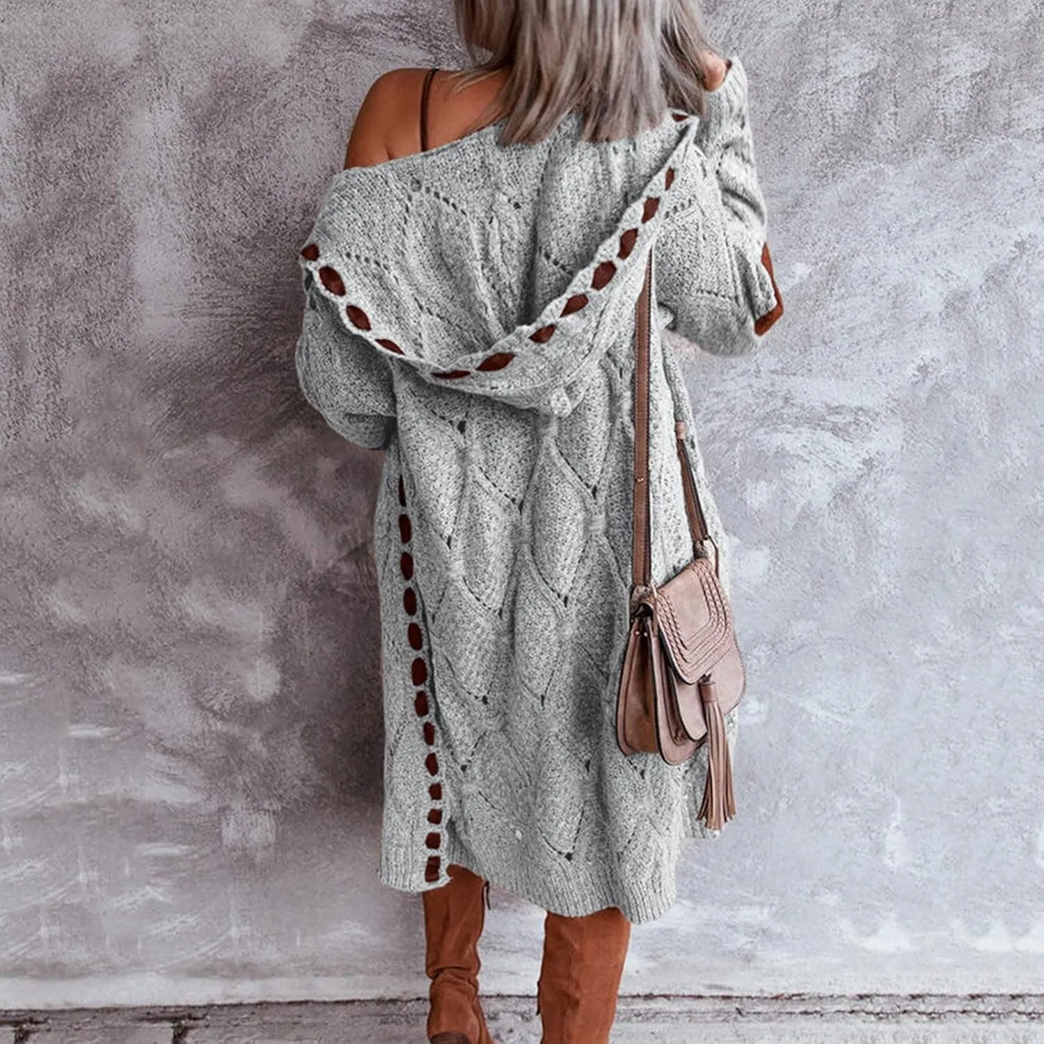 Plus Size Hooded Cardigans for Women Casual Elbow Patches Long Sleeve Cable Knit Long Open Front Cardigan Sweater Coat