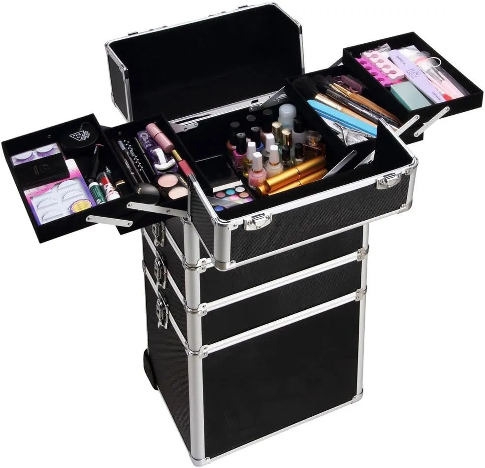 Professional Rolling Makeup Train Case with Wheels, 4 in 1 Rolling Cosmetic Train Case, Draw-bar Style, Detachable & Lockable, Aluminum, Suitable for Travel, On-site Service (Black)