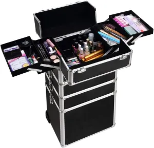 Professional Rolling Makeup Train Case with Wheels, 4 in 1 Rolling Cosmetic Train Case, Draw-bar Style, Detachable & Lockable, Aluminum, Suitable for Travel, On-site Service (Black)