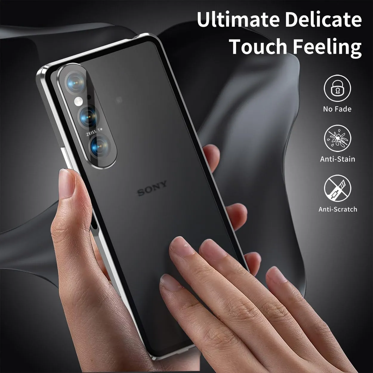 QUIETIP Case Compatible with Sony Xperia 1 VI 5G,Magnetic Body Metal Frame Double Sided Clear Tempered Glass Cover,Silver