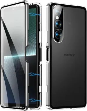 QUIETIP Case Compatible with Sony Xperia 1 VI 5G,Magnetic Body Metal Frame Double Sided Clear Tempered Glass Cover,Silver