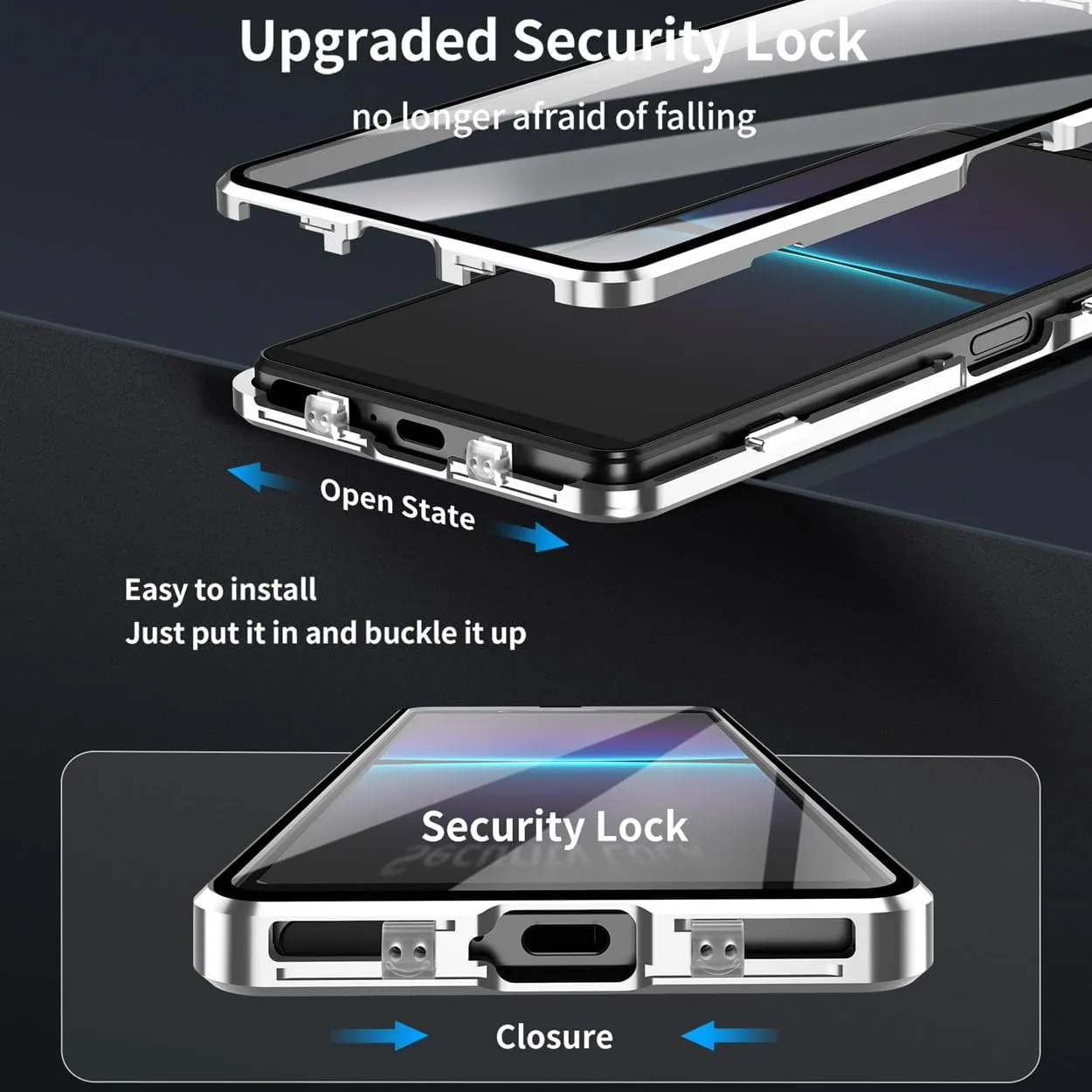 QUIETIP Case Compatible with Sony Xperia 1 VI 5G,Magnetic Body Metal Frame Double Sided Clear Tempered Glass Cover,Silver