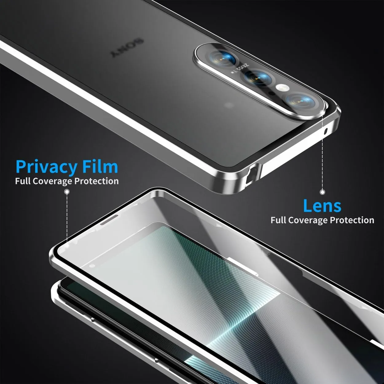 QUIETIP Case Compatible with Sony Xperia 1 VI 5G,Magnetic Body Metal Frame Double Sided Clear Tempered Glass Cover,Silver