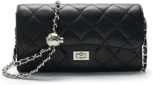 Quilted Leather Crossbody Wallet with Chain Strap, Black