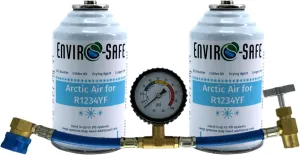 R1234YF, 1234YF Refrigerant Support, Arctic Air in 4oz. Cans for Auto w/Brass Gauge (2 Pack), Blue, Gold, and White, ES1234AG2