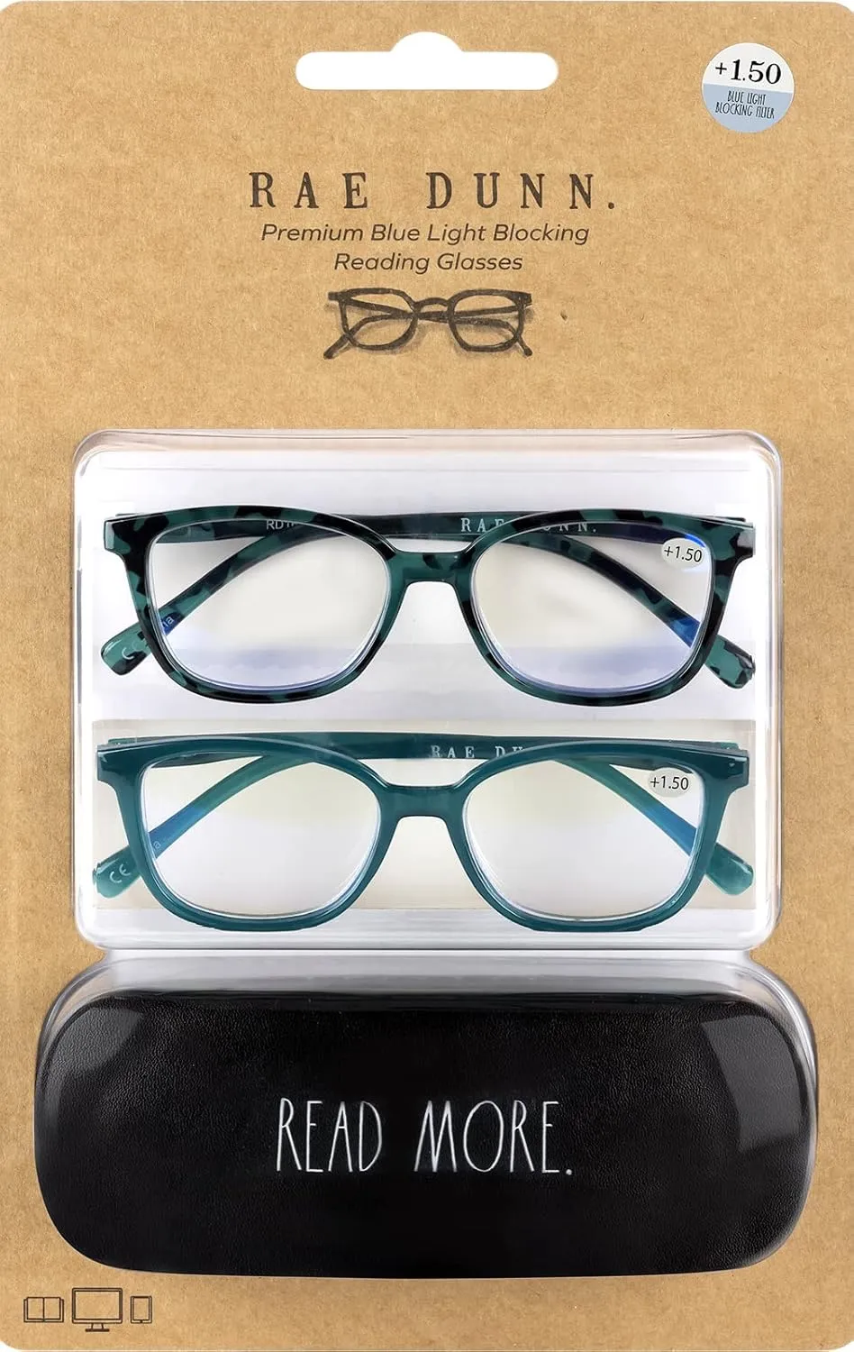 Rae Dunn "NALA Blue Light Blocking Reading Glasses - 2 Pack w/READ MORE Signature Font Hard Case