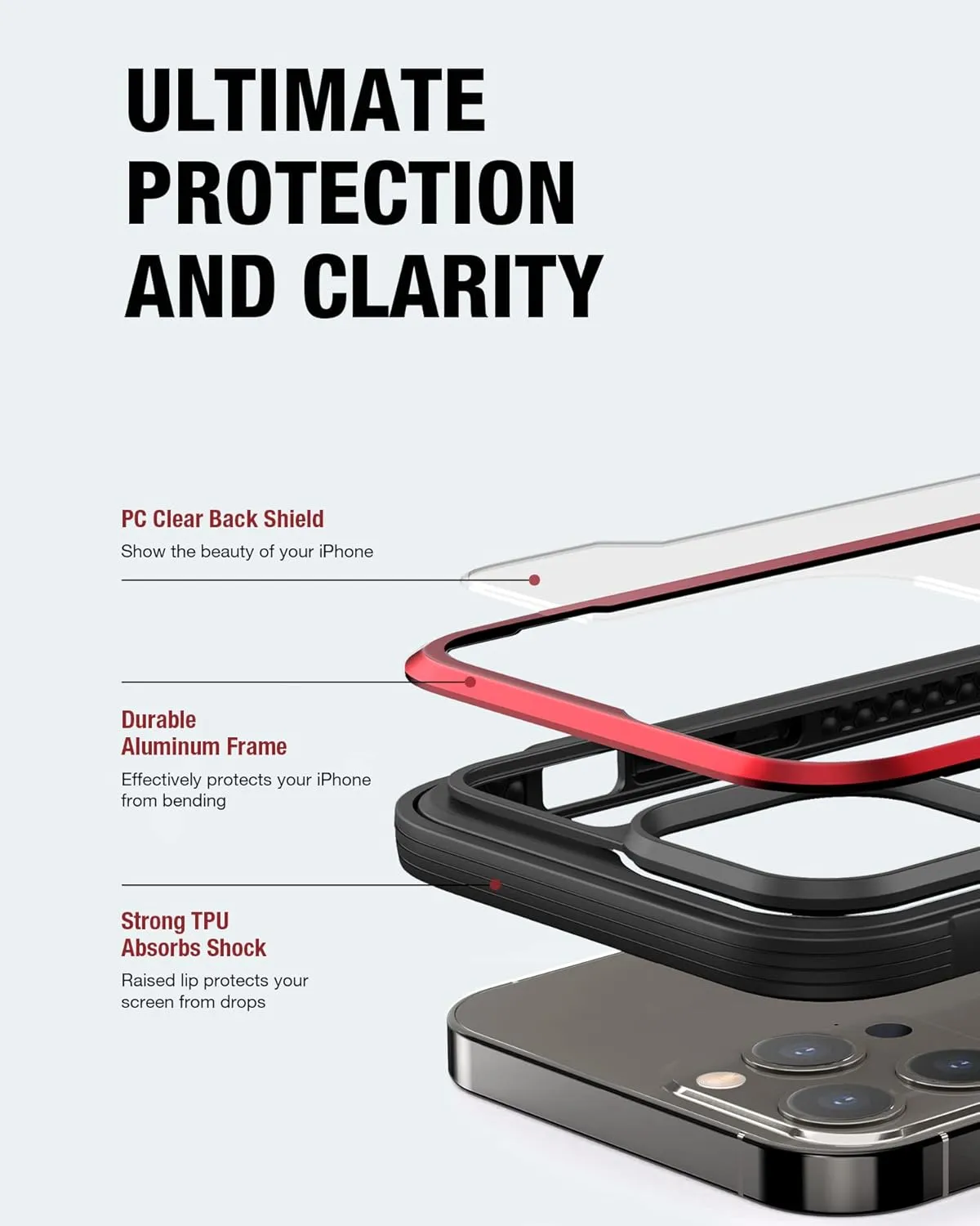 RAPTIC Shield for iPhone 13 Pro Max Case, Shockproof Protective Clear Case, Military 10ft Drop Tested, Durable Aluminum Frame, Anti-Yellowing Technology Case for iPhone 13 Pro Max, Red