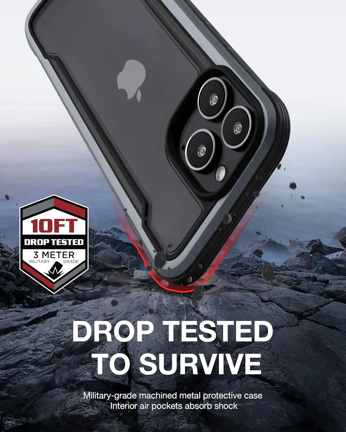 RAPTIC Shield for iPhone 13 Pro - Shockproof Clear Case, Military 10ft Drop Tested, Durable Aluminum Frame, Anti-Yellowing Technology, Black