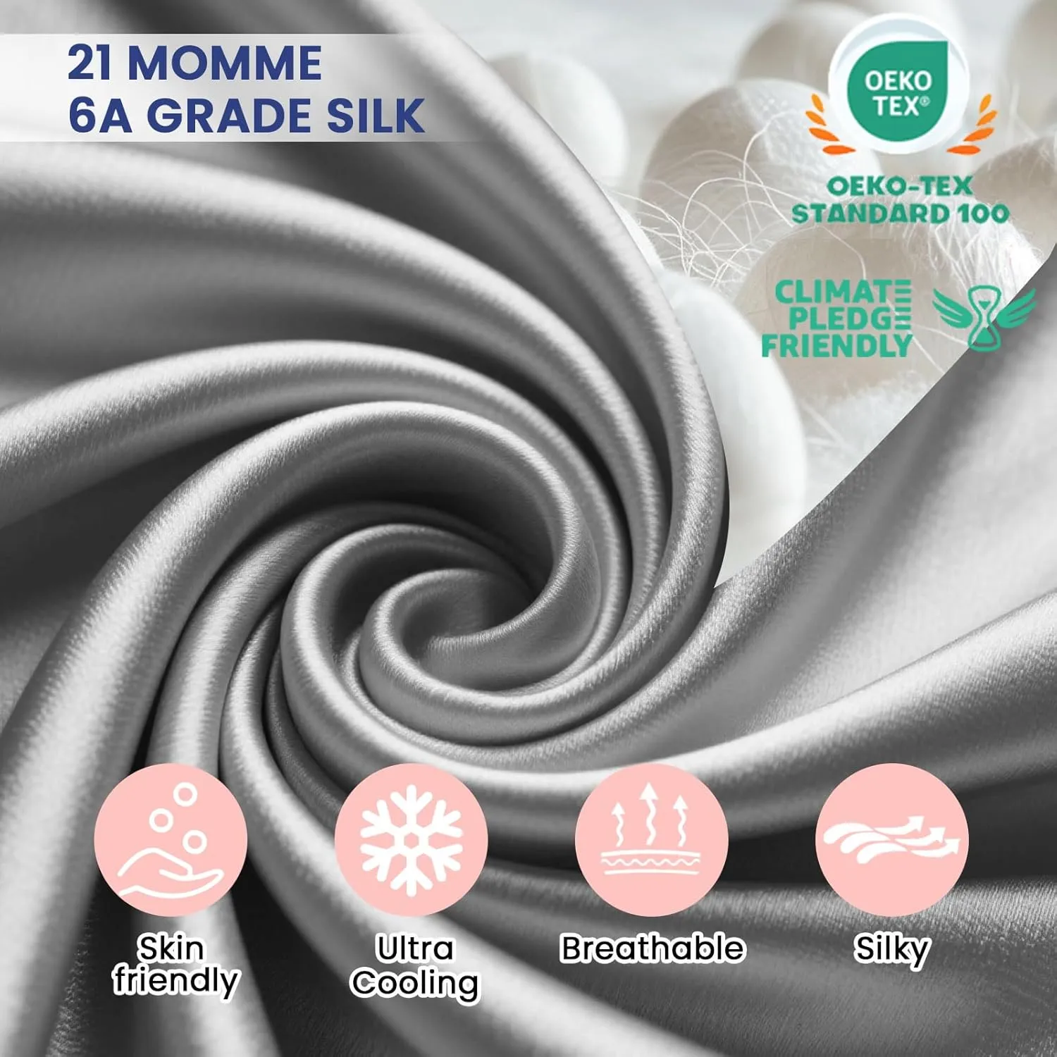 Ravmix Silk Pillow Cases with Zipper, 21 Momme Mulberry Silk Pillowcase for Hair Skin Health, Soft Smooth Breathable Cooling Pillow Cover for Beauty Sleep with Gift Box(Standard 20"x26", Space Grey)