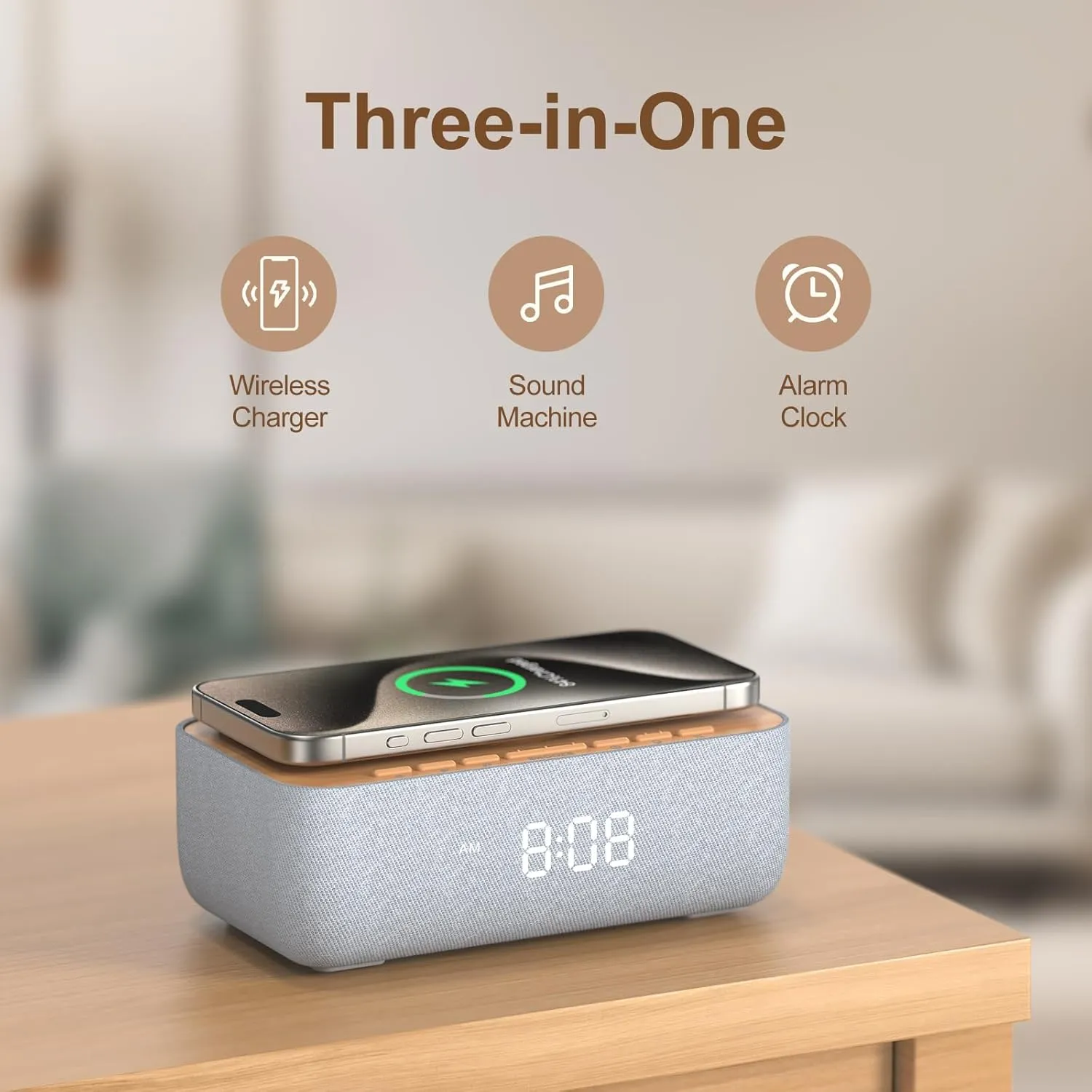 REACHER Sound Machine Alarm Clock with Magnetic Wireless Charging for iPhone, 15W Fast Wireless Charger Alarm Clocks White Noise Machine for Sleeping, Dimmable Display for Bedrooms-Wood Grain