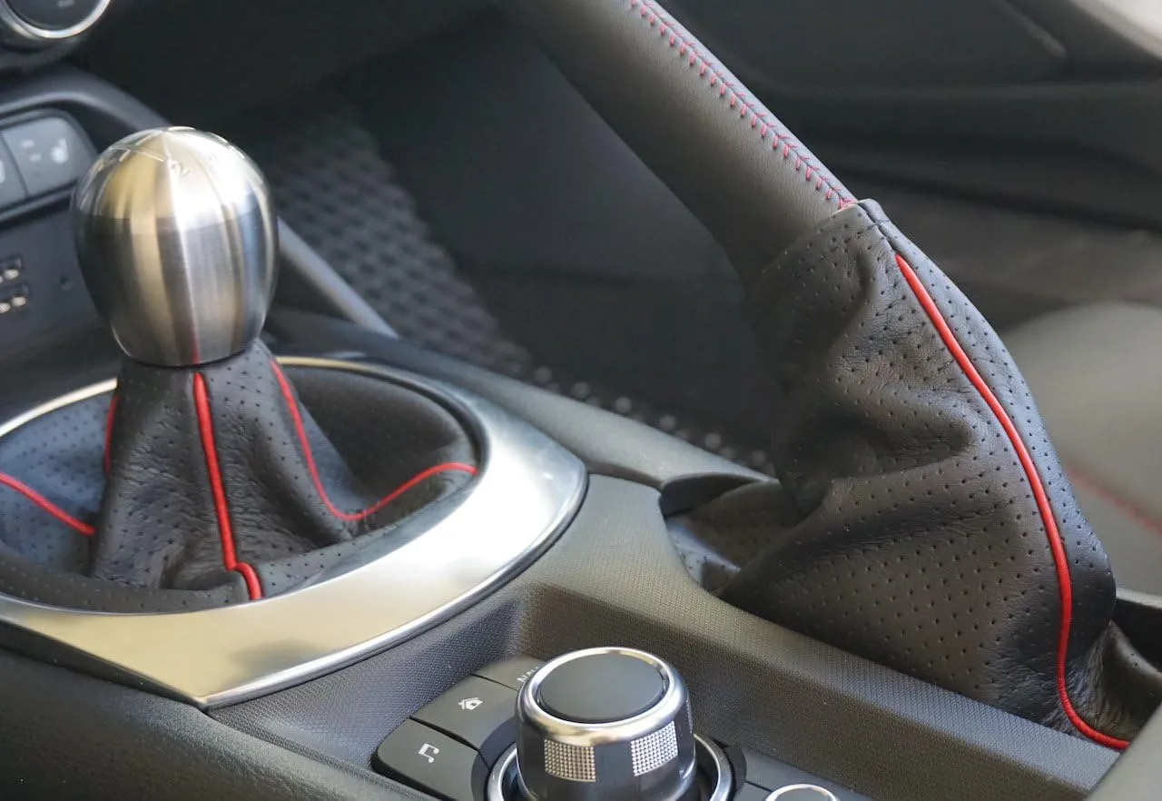 RedlineGoods ebrake Boot Compatible with Fiat 124 Spider 2016-21. Tailor Made - not Universal. Genuine top-Grade Italian Black Suede (Alcantara) with Red Thread