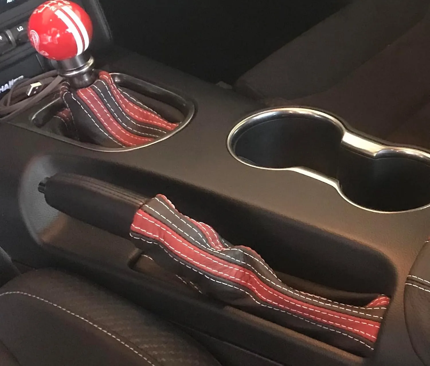 RedlineGoods ebrake Boot Compatible with Ford Mustang 2015-23. Tailor Made - not Universal. Genuine top-Grade Italian Black Suede (Alcantara) with Red Thread