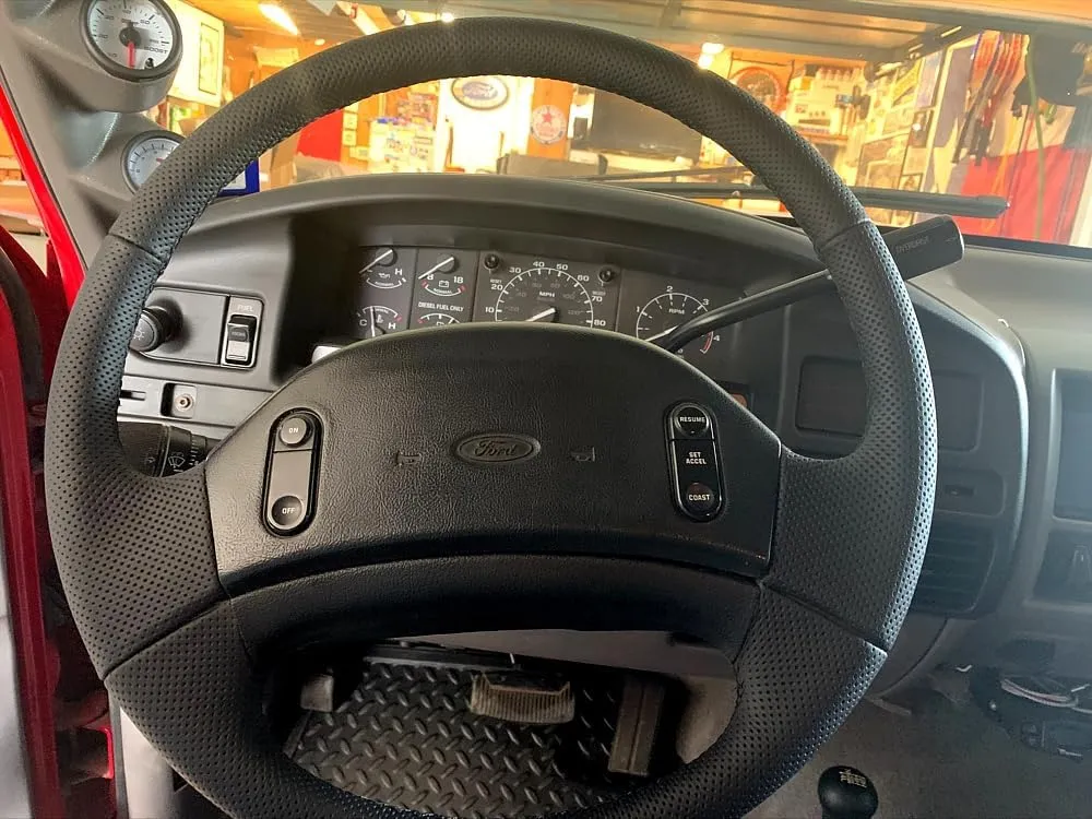 RedlineGoods Steering Wheel Cover Compatible with Ford F-250 / F-350 1991-97. Tailor Made - not Universal. Genuine top-Grade Italian Black Suede (Alcantara) with Silver Thread