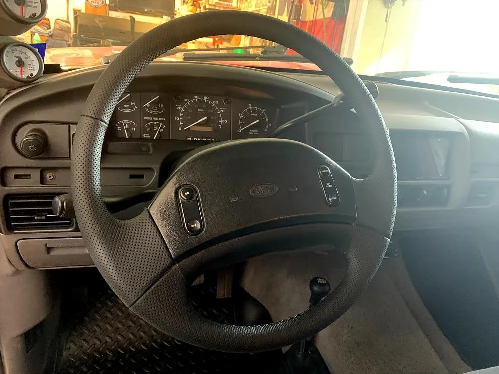 RedlineGoods Steering Wheel Cover Compatible with Ford F-250 / F-350 1991-97. Tailor Made - not Universal. Genuine top-Grade Italian Black Suede (Alcantara) with Silver Thread