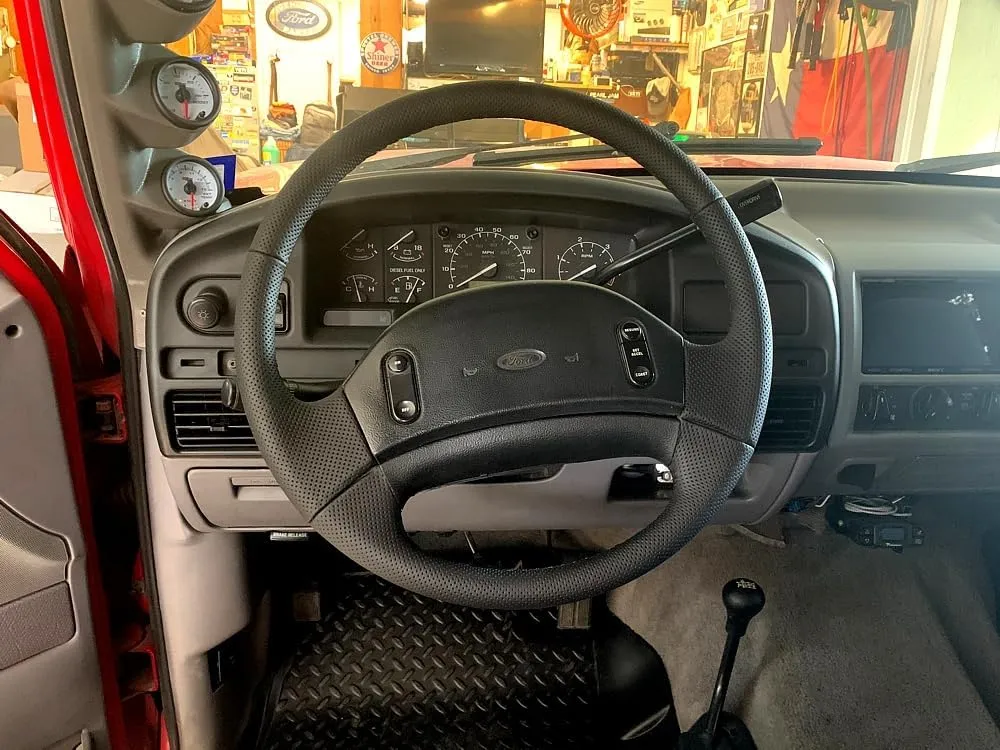 RedlineGoods Steering Wheel Cover Compatible with Ford F-250 / F-350 1991-97. Tailor Made - not Universal. Genuine top-Grade Italian Black Suede (Alcantara) with Silver Thread