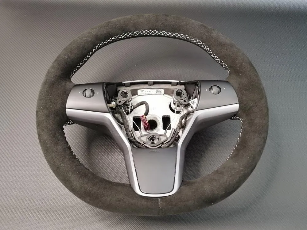 RedlineGoods Steering Wheel Cover Compatible with Tesla Model 3 2017-24. Tailor Made - not Universal. Genuine top-Grade Italian Black Suede (Alcantara) with Red Thread