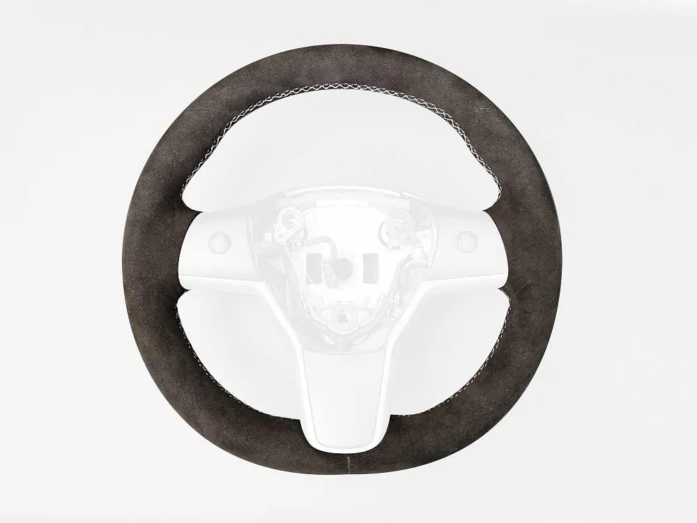 RedlineGoods Steering Wheel Cover Compatible with Tesla Model 3 2017-24. Tailor Made - not Universal. Genuine top-Grade Italian Black Suede (Alcantara) with Red Thread