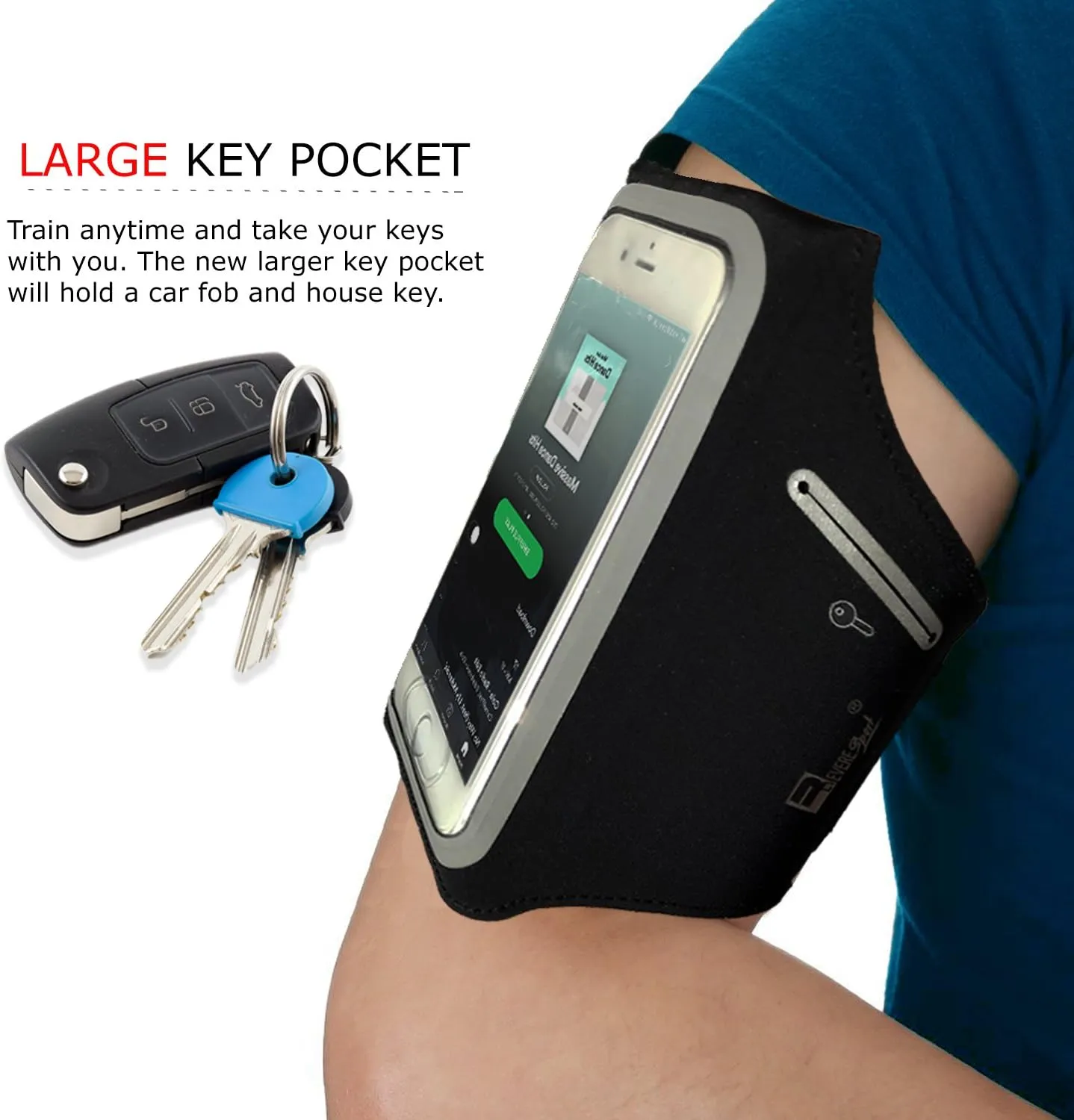RevereSport Waterproof iPhone 16/15/14/13/12 Running Armband with Extra Pockets for Keys, Cash and Credit Cards. Phone Arm Holder for Sports, Gym Workouts and Exercise