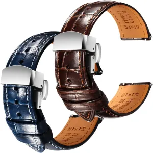 REZERO Brown/Blue Handmade Quick-Release Alligator Grain Embossed Watch Straps - Set of 2, 22mm