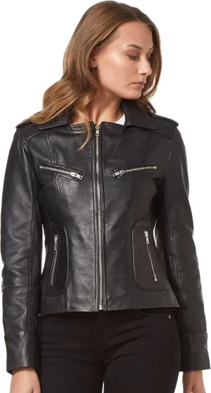 Rider Ladies Black Washed Biker Motorcycle Style Soft Real Napa Leather Jacket 9823