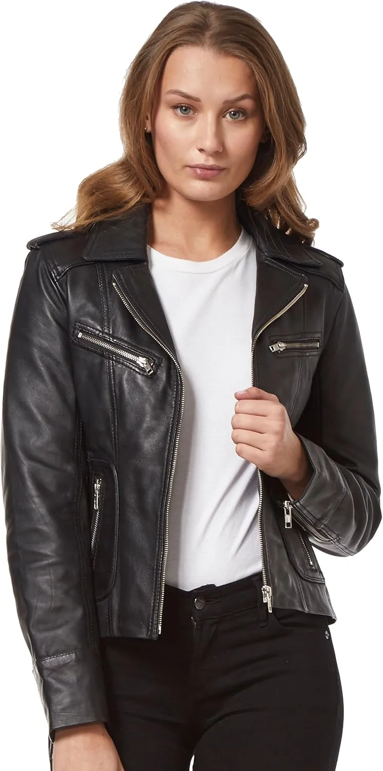Rider Ladies Black Washed Biker Motorcycle Style Soft Real Napa Leather Jacket 9823