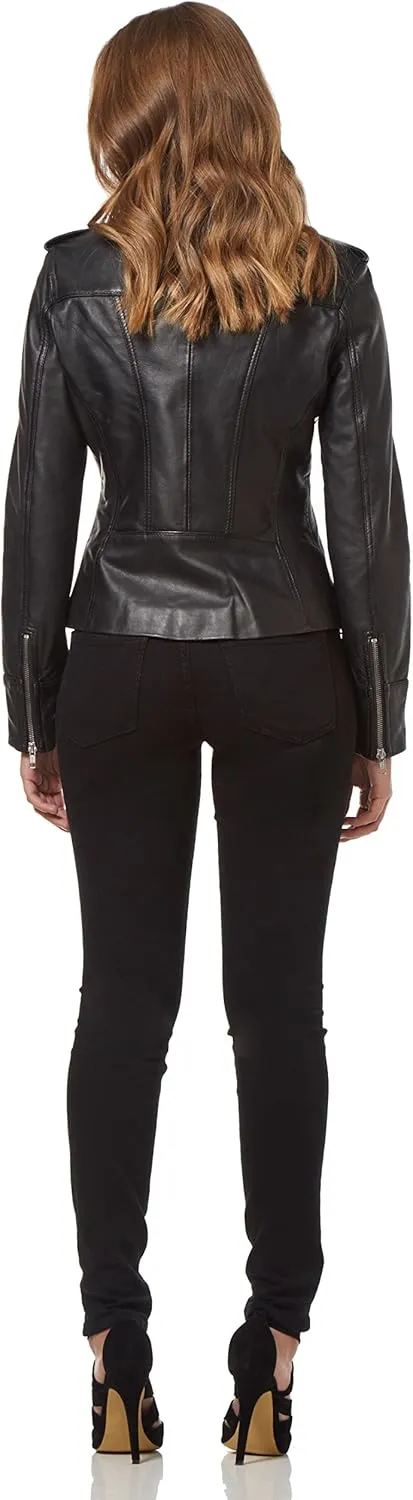 Rider Ladies Black Washed Biker Motorcycle Style Soft Real Napa Leather Jacket 9823