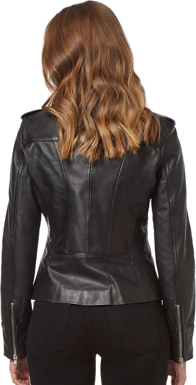 Rider Ladies Black Washed Biker Motorcycle Style Soft Real Napa Leather Jacket 9823
