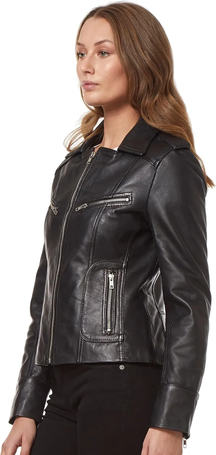 Rider Ladies Black Washed Biker Motorcycle Style Soft Real Napa Leather Jacket 9823