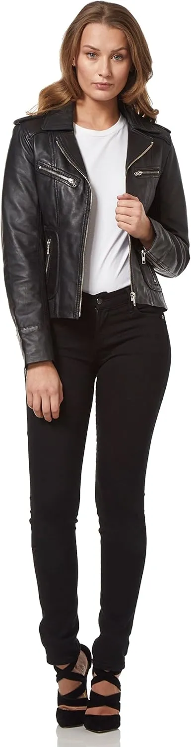Rider Ladies Black Washed Biker Motorcycle Style Soft Real Napa Leather Jacket 9823
