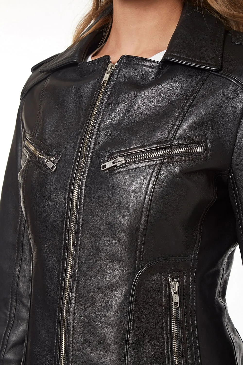 Rider Ladies Black Washed Biker Motorcycle Style Soft Real Napa Leather Jacket 9823