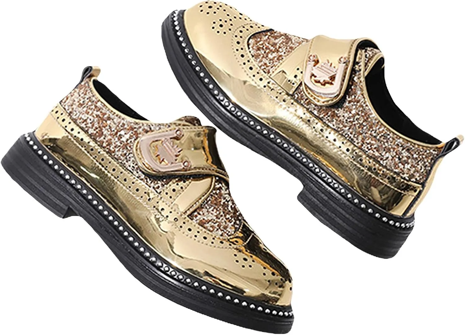 rismart Boys & Girls Hook & Loop Dress Shoes Sparkly Sequins Brogue Wingtip Oxfords for Wedding Birthday School