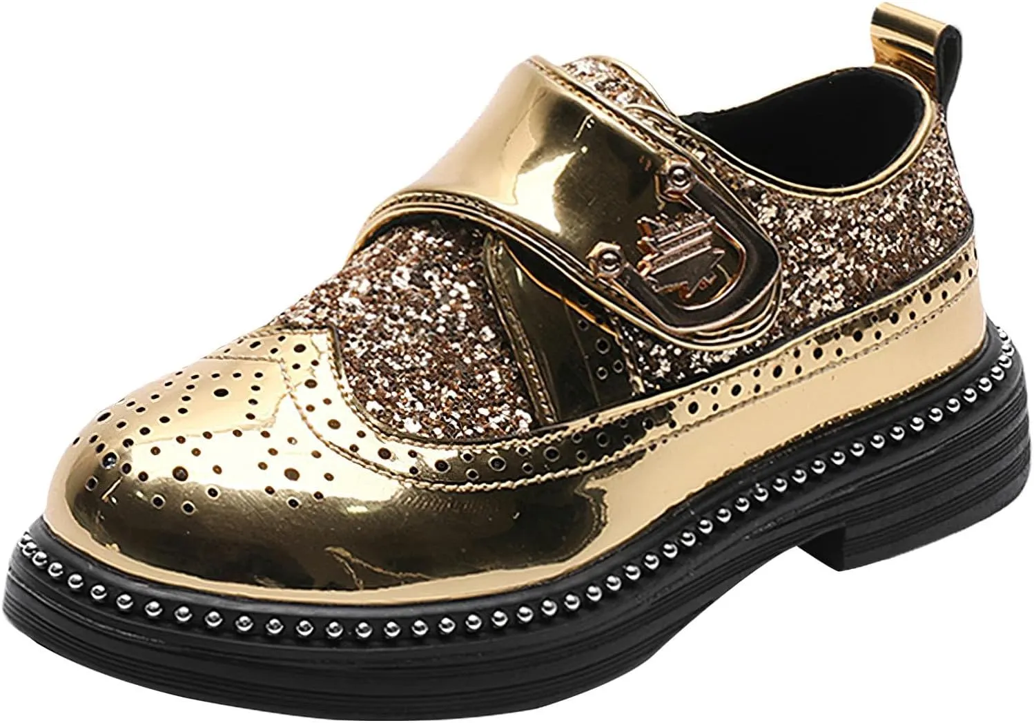 rismart Boys & Girls Hook & Loop Dress Shoes Sparkly Sequins Brogue Wingtip Oxfords for Wedding Birthday School