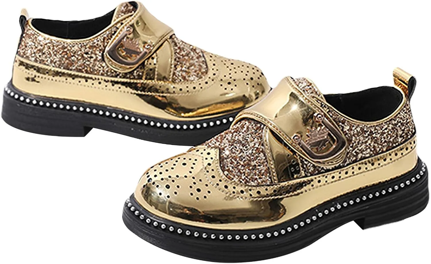 rismart Boys & Girls Hook & Loop Dress Shoes Sparkly Sequins Brogue Wingtip Oxfords for Wedding Birthday School