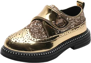rismart Boys & Girls Hook & Loop Dress Shoes Sparkly Sequins Brogue Wingtip Oxfords for Wedding Birthday School