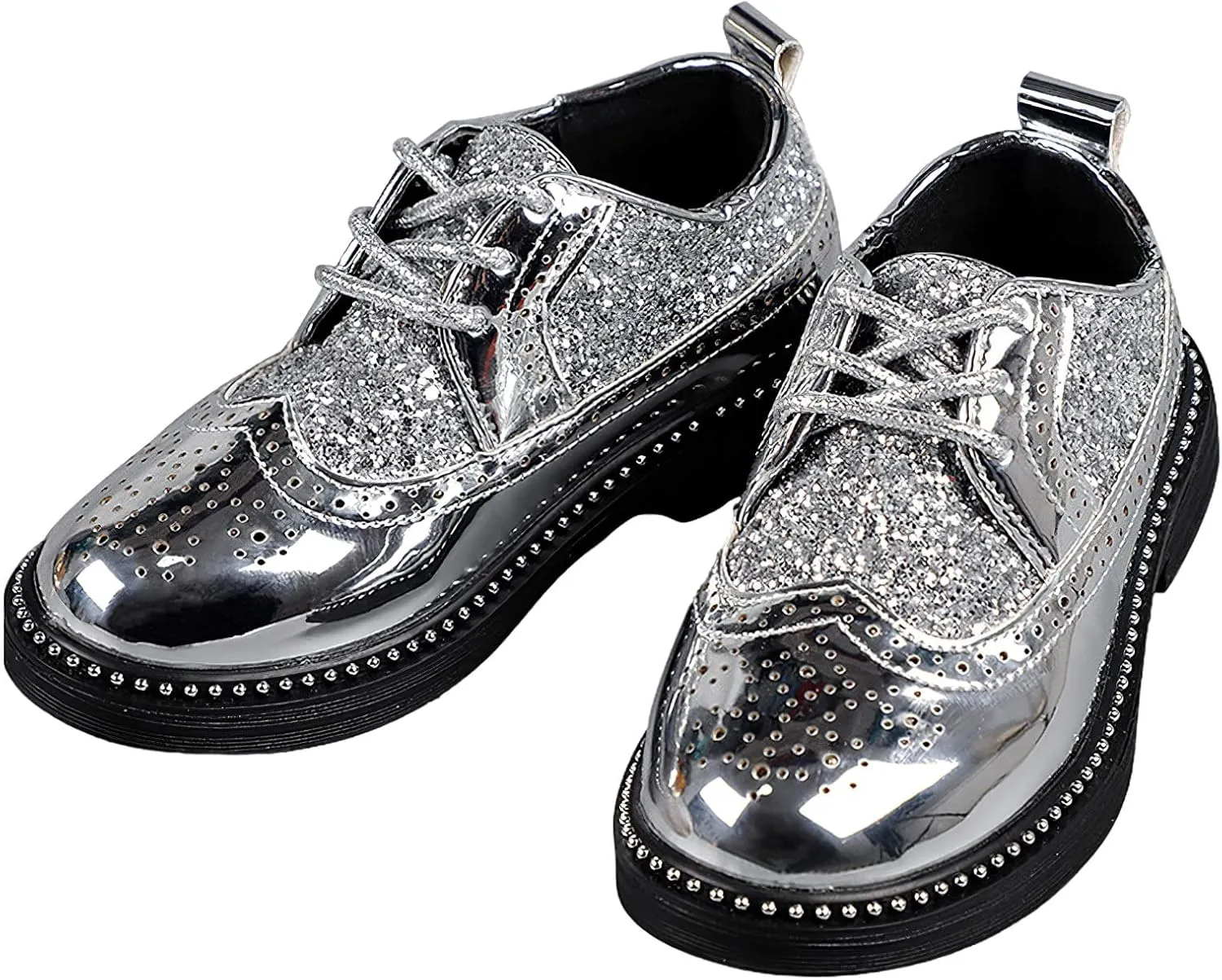 rismart Boys Girls Lace-up Oxfords Brogue Wingtip Shiny Sequin School Uniform Dress Shoes for Wedding Birthday Performance