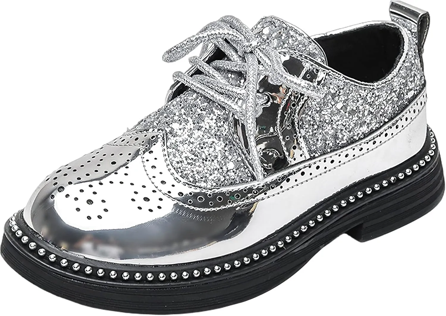 rismart Boys Girls Lace-up Oxfords Brogue Wingtip Shiny Sequin School Uniform Dress Shoes for Wedding Birthday Performance