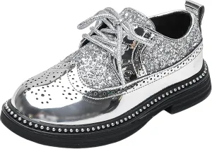 rismart Boys Girls Lace-up Oxfords Brogue Wingtip Shiny Sequin School Uniform Dress Shoes for Wedding Birthday Performance
