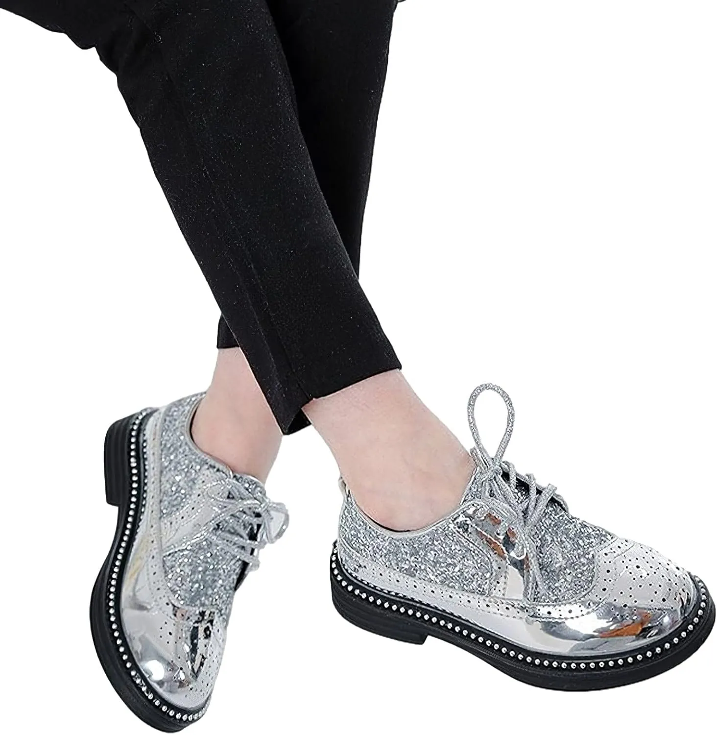 rismart Boys Girls Lace-up Oxfords Brogue Wingtip Shiny Sequin School Uniform Dress Shoes for Wedding Birthday Performance