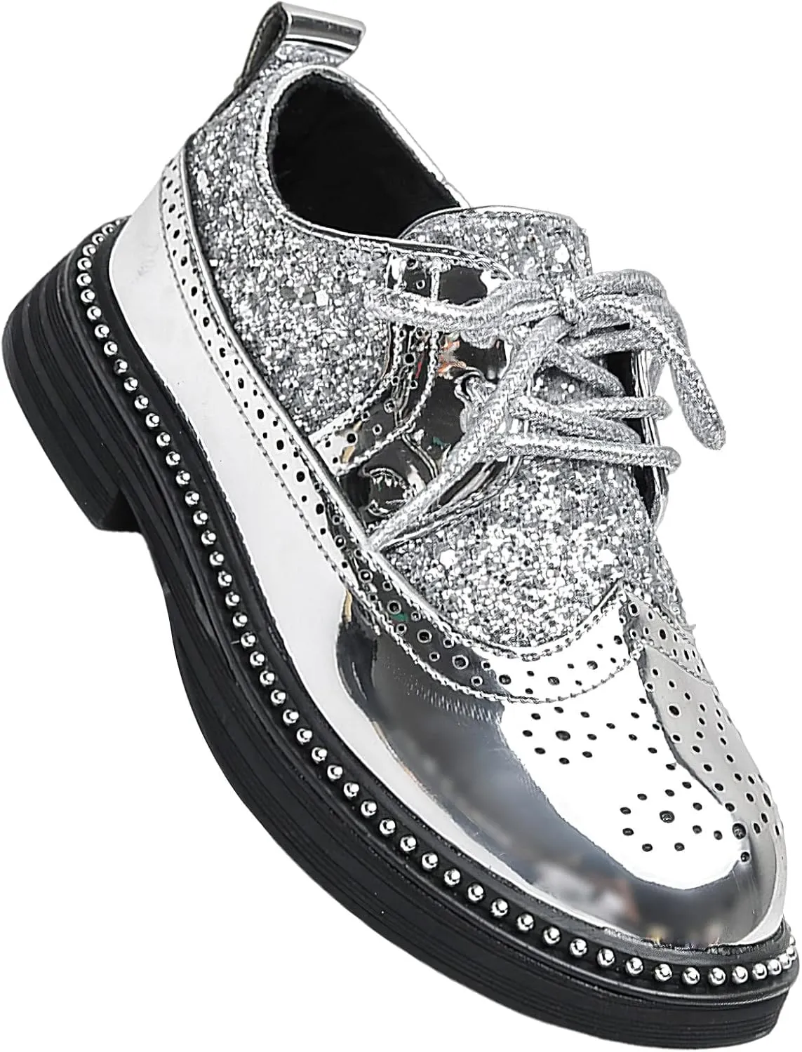 rismart Boys Girls Lace-up Oxfords Brogue Wingtip Shiny Sequin School Uniform Dress Shoes for Wedding Birthday Performance