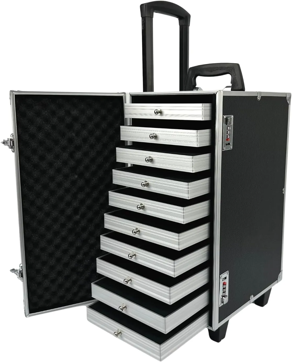 Rolling Jewelry Trolley Case Jewels Sets Display Organizer 10 Layer Removable Trays with Code Locks and Wheels (Black)
